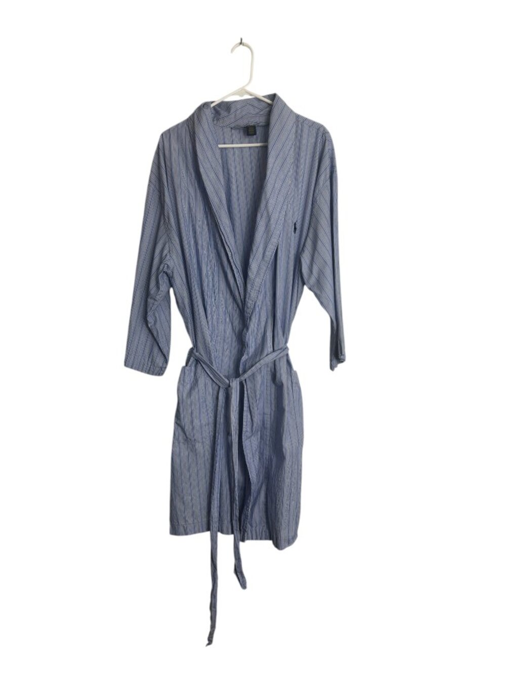 Polo Ralph Lauren Mens L XL Blue White Striped Cotton Robe Pony Logo Belted
